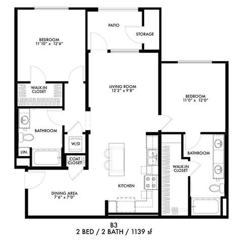Floor plan for 2 beds, 2 baths, 1139 sqft
